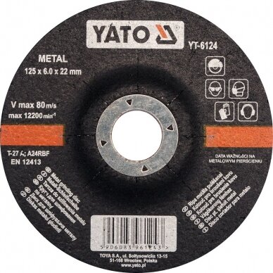 Diskas metalo šlifavimui d-125x6.0x22mm Yato YT-6124