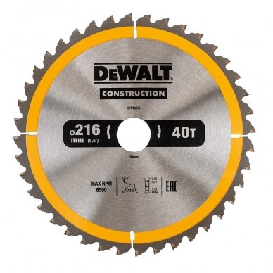 Pjovimo diskas medienai DeWalt; 216x2,6x30,0 mm; Z40; -5°; DT1953