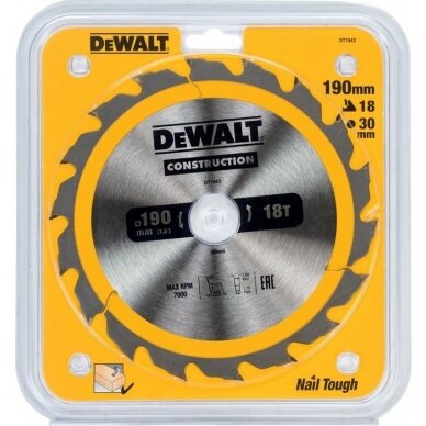 Pjovimo diskas medienai DeWalt Construction; 190x30 mm; Z18; DT943